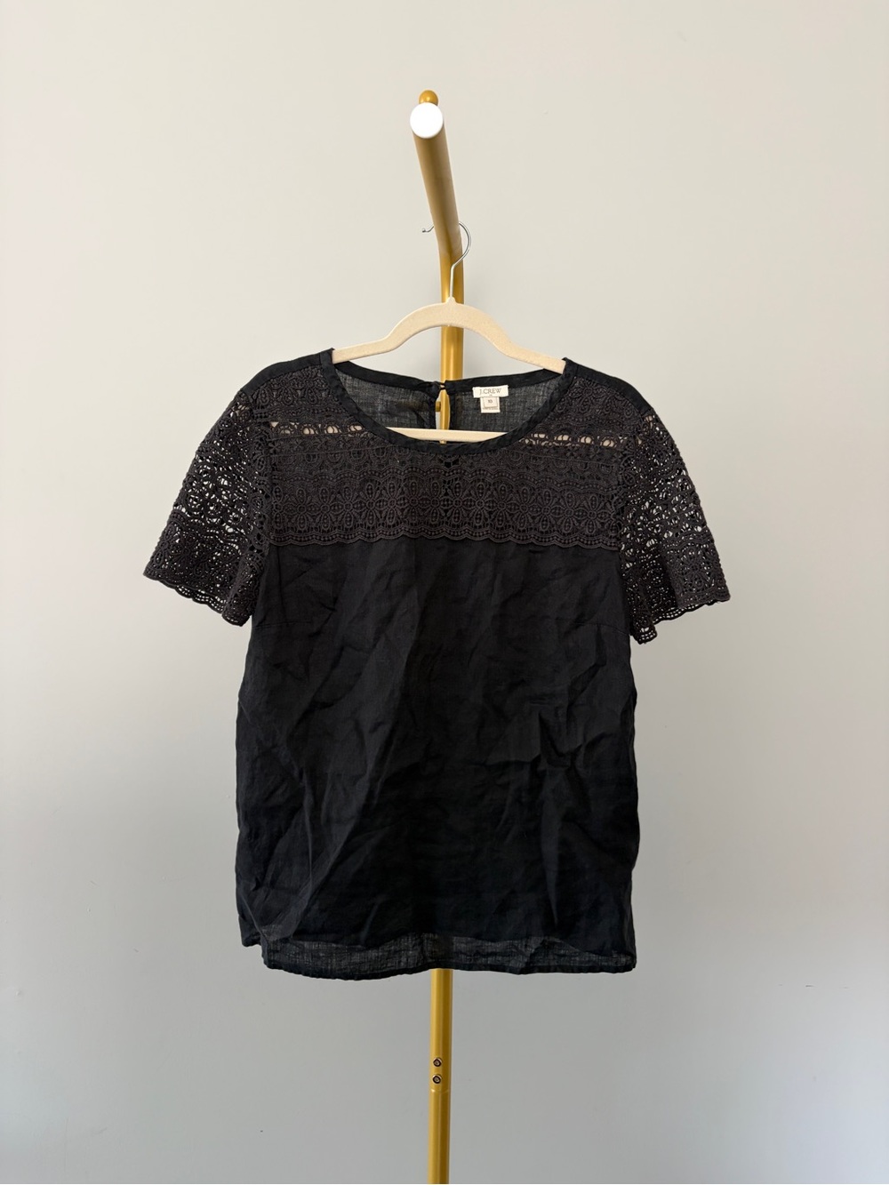 J Crew 100% Linen and Cotton Black Lace Yoke Short Sleeve Women’s Top